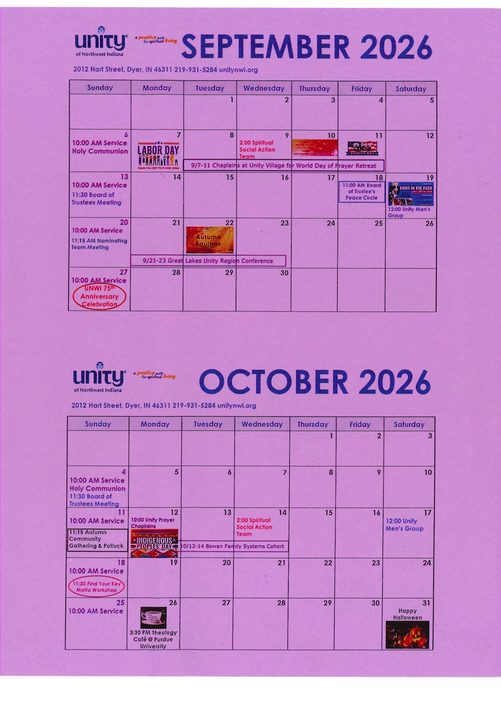 September October Event Calendar